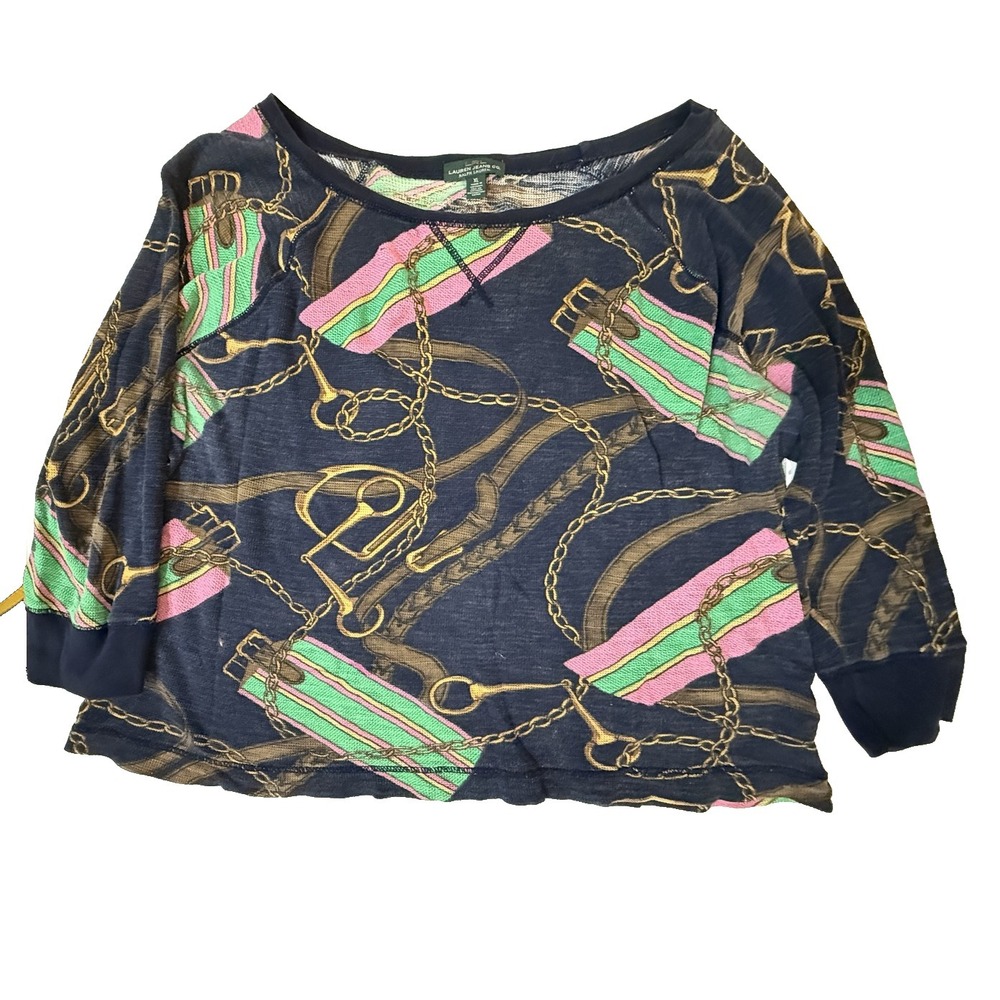 Lauren Ralph Lauren Shirt Womens XL Blue Equestrian Chain Yacht Palm Beach Vibes
